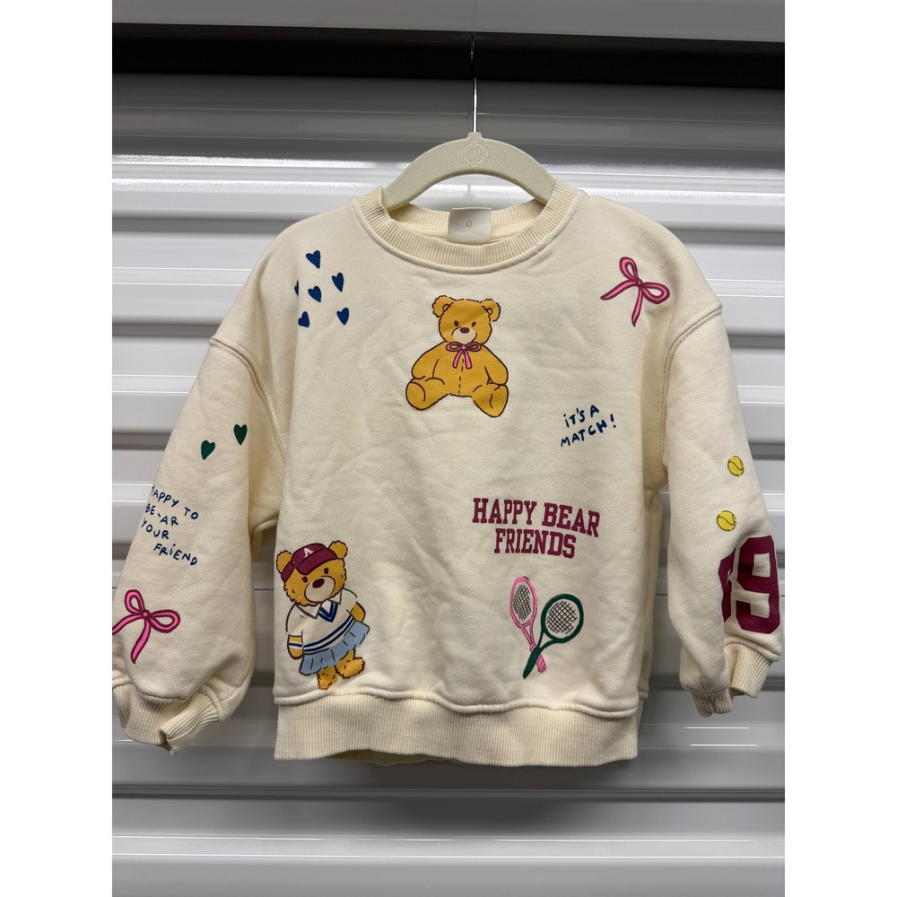 Zara Kids Happy Bear Friends Tennis Sweatshirt Cream Off White 3 Years